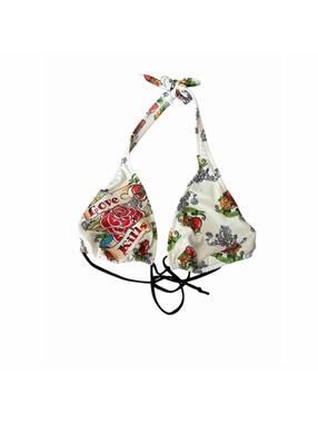 VENUS Bikini Top Womens L/XL Halter Tattoo Rose Cup D Y2K Ed Hardy Style